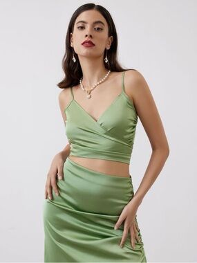 Cider Satin Ruched Side-Slit Midi Skirt and Crop Top 2 piece set.